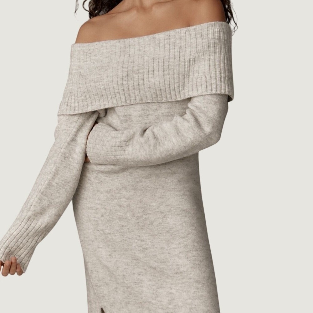 Anthropologie Off The Shoulder Sweater Dress 3X Midi Knit Slit Light Grey NEW